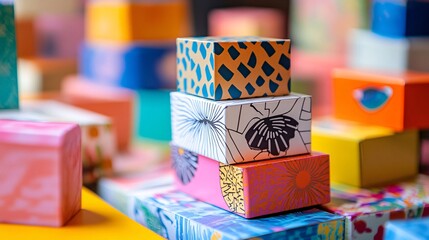 Fototapeta premium Colorful Stacked Gift Boxes with Unique Patterns on a Bright Surface