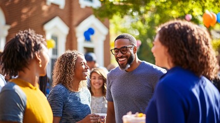 Obraz premium Joyful Group of Friends Engaging in Lively Conversation Outdoors