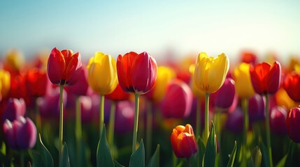 A field of tulips in full bloom, their bright red, yellow, and purple colors standing out against a bright blue sky