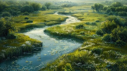 A peaceful, morning dew glistening on a tranquil, meadow landscape with winding streams, top view