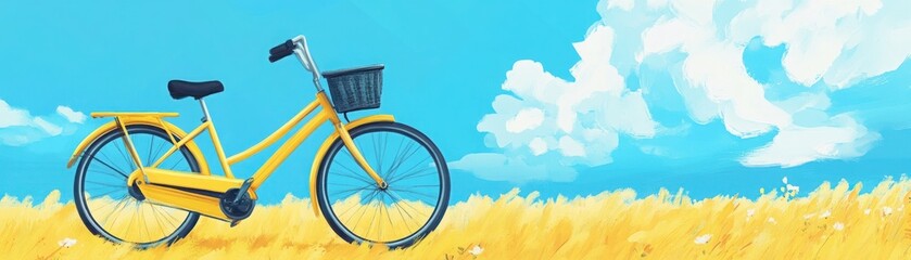 Colorful Yellow Bicycle in a Vibrant Field Under a Clear Blue Sky with Fluffy White Clouds and Lush Grass, Perfect for Summertime Adventures and Outdoor Activities