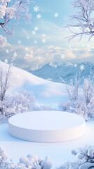 3D-rendered podium scene with a winter background and snowflakes, a white round stage for product presentation 
