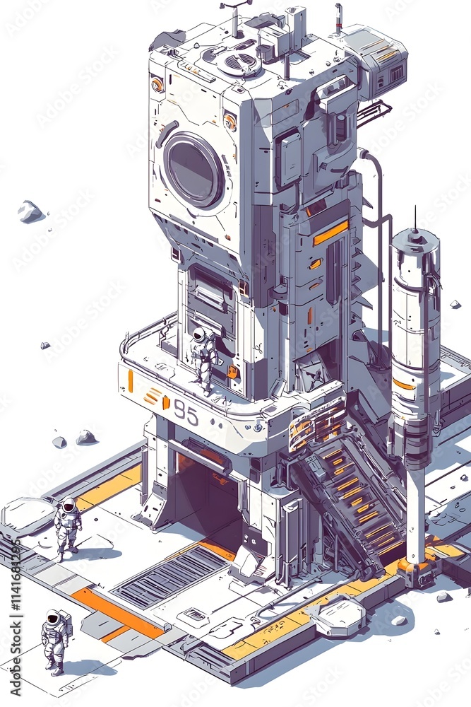 Poster a futuristic structure with an astronaut, featuring a launch pad and industrial design elements.