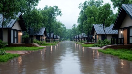 Obraz premium Serene lakeside cabins surrounded by lush greenery and water.