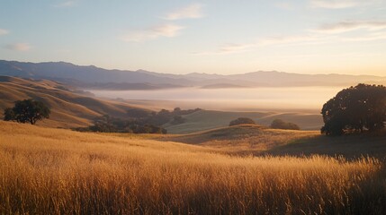 Obraz premium Serene Sunrise Over Rolling Hills and Misty Valley Landscape