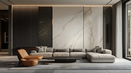 Modern living room interior design with marble wall and soft sofa wide shot photo.. AI Generated