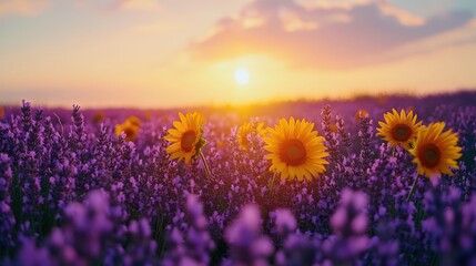 Fototapeta premium A garden of blooming lavender and sunflowers under a clear sky, with vibrant purples and yellows stretching into the horizon