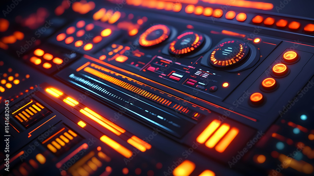 Poster futuristic control panel with glowing buttons and dials.