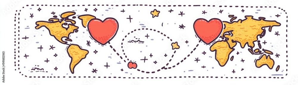 Poster Heart-Shaped Symbols Connecting Two Continents Representing Global Love and Connection in a Playful Hand-Drawn Illustration with a Simple and Colorful Design