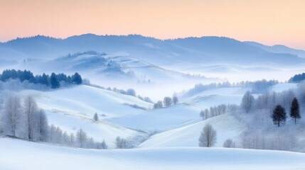 Serene winter landscape with snow-covered hills