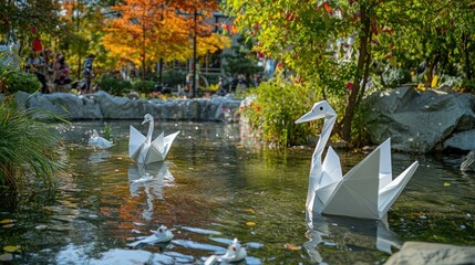 Fototapeta premium Origami swans float on water, trees in fall colors in background.