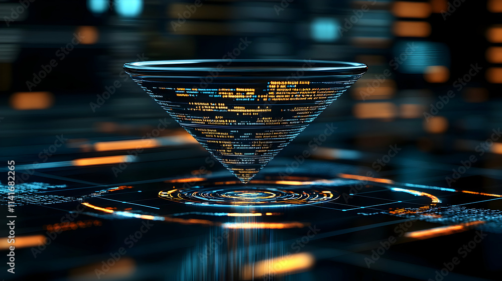 Poster futuristic data visualization, digital code pyramid.