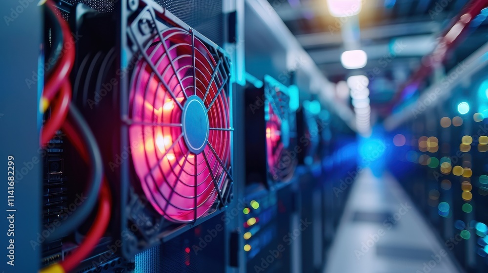 Poster a close-up of server fans in a data center, showcasing vibrant lights and cooling systems for effici