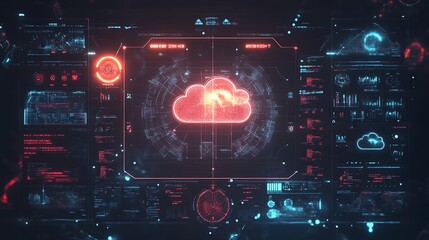 Fototapeta premium Cybersecurity Threat: 3D Render of Cloud Data Breach on Futuristic Interface. AI Generated