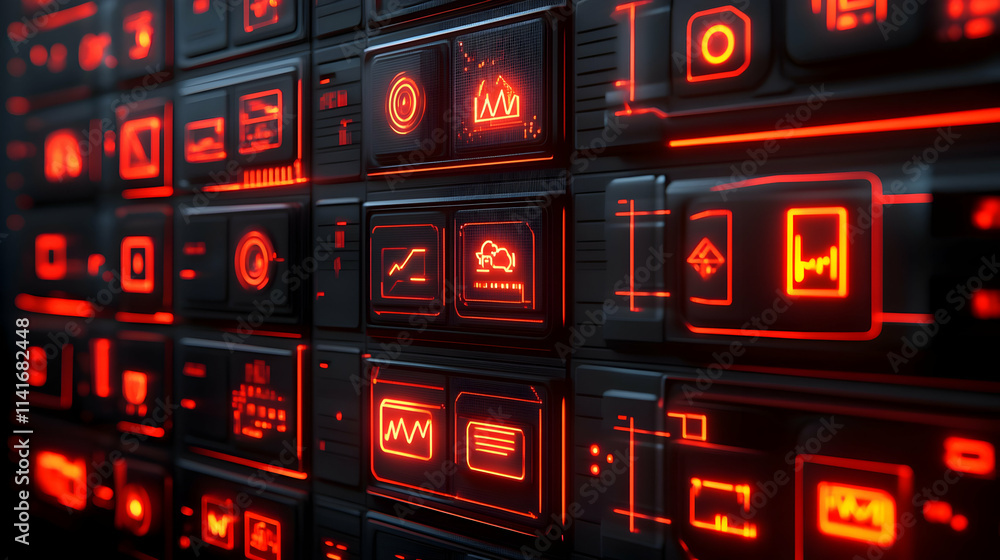 Poster futuristic digital interface with glowing red icons and buttons.