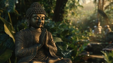 Bronze Buddha statue in peaceful, lush tropical garden setting.