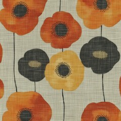 Colorful floral fabric pattern featuring vibrant red, orange, and black poppies. Ideal for home decor projects.