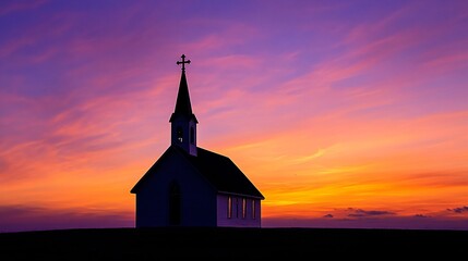 Fototapeta premium Silhouette of Church at Dusk with Vibrant Sunset Sky Background