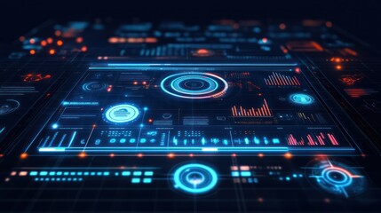 Futuristic dashboard display with glowing blue and orange information.