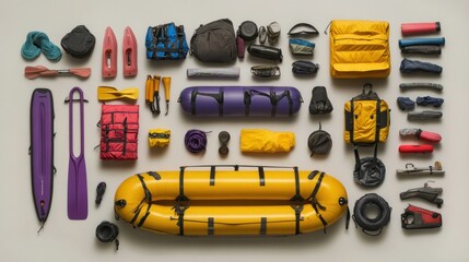 Organized rafting equipment on white.