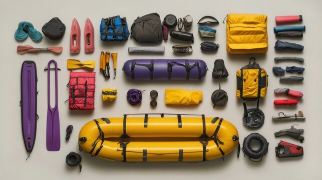 Organized rafting equipment on white.