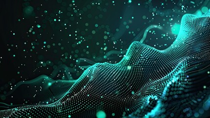 Abstract visualization of digital waves and particles in a dark, glowing environment.