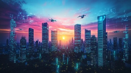 Futuristic Cityscape at Sunset with Drones and Digital Details