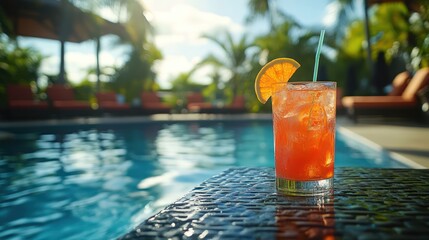 poolside scene with a refreshing drink on a table, surrounded by lounge chairs and tropical plants