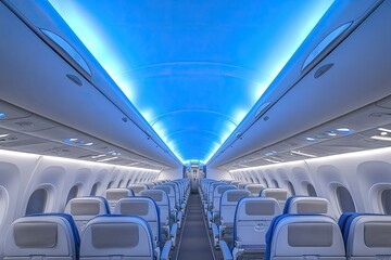 spacious photo of the serene ambiance of an empty interior of a passenger aircraft, showcasing the clean and uncluttered cabin layout against the backdrop of the aircraft's fuselag