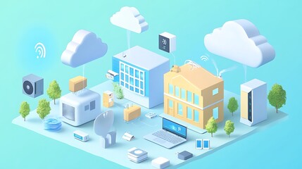 Isometric Illustration: Smart Home Network and Cloud Connectivity. AI Generated