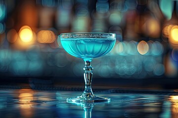 Bright blue cocktail showcases vibrant color in stylish bar setting with warm, inviting atmosphere