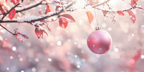 A pink bauble hanging on a tree branch, paired with white snowflakes for a gentle holiday look.