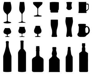 Black silhouettes of drink bottles and glasses on a white background	