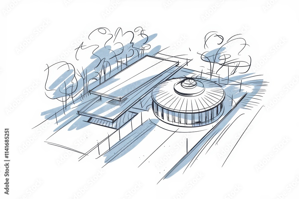 Poster architectural sketch modern building design with trees