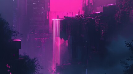 Neon Cyberpunk Cityscape: Digital Painting of a Futuristic Waterfall. AI Generated