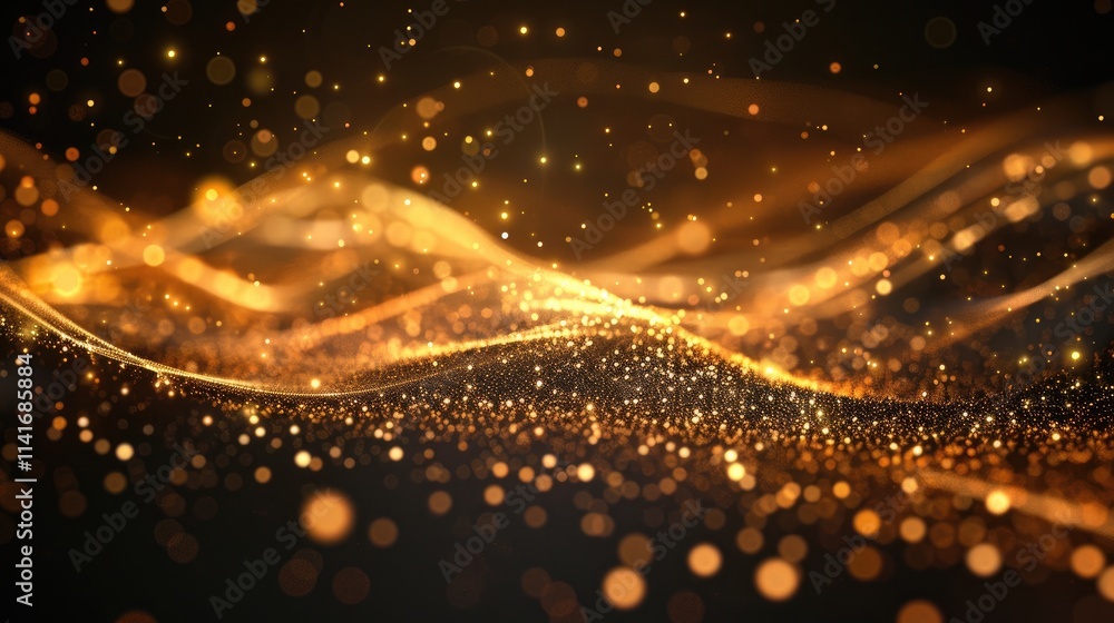 Poster a mesmerizing display of golden light particles creating a dynamic, flowing wave effect.