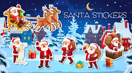 Christmas Santa claus characters stickers pack. Cartoon vector patches with festive father Noel personage with gifts bag, wish list scroll, jingle bell and reindeer sleigh, bringing holiday spirit