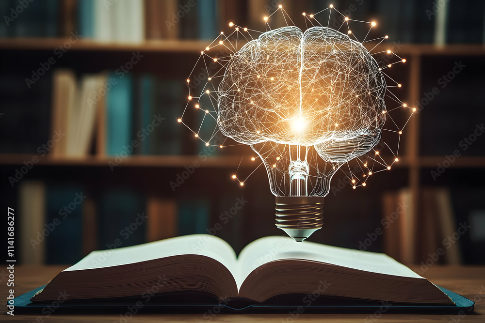 Aufkleber glowing brain inside lightbulb above open book in library.