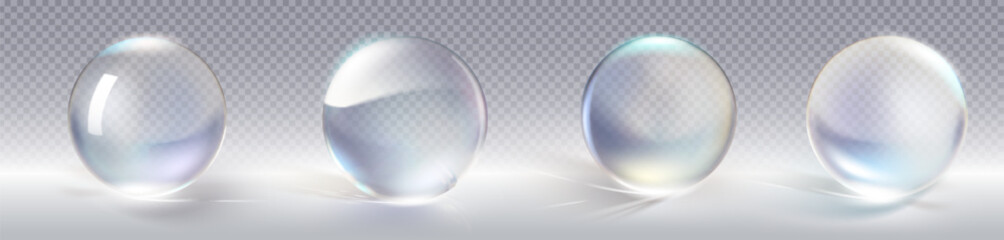 Glass ball 3D collection on transparent background with light reflection and rainbow refraction effects. Realistic white spheres with optical distortion for graphic design and gaming assets. © klyaksun