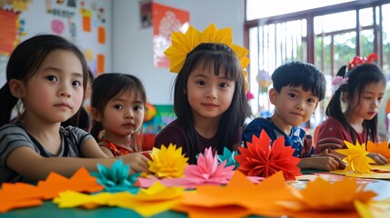 Children Engaged in Creative Paper Flower Craft Activities Together