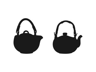 Set of isolated icon silhouette Kettles, Teapots, Coffee pot. A teapot in the form of a badge, icon tea pot, herbal brew, boiling water. Teapot silhouette vector art white background.