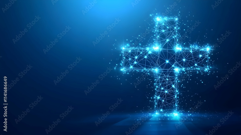 Poster glowing cross formed by interconnected nodes and lines on a blue background.