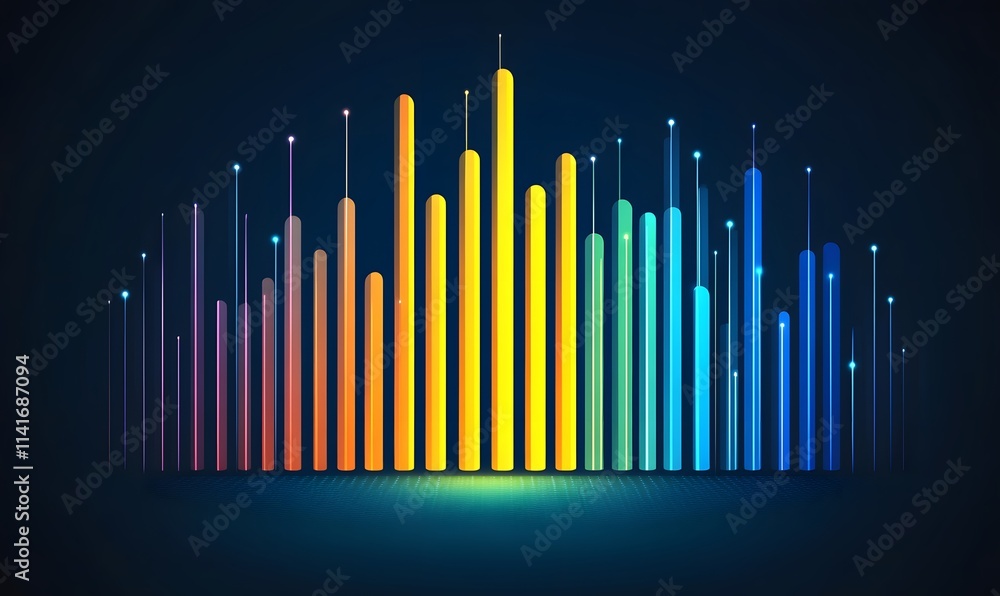 Poster abstract gradient bars with glowing dots over dark surface.