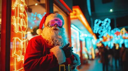 Obraz premium Santa with goggles poses by neon lights.
