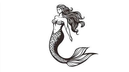 Mermaid drawing. Fantasy illustration, beautiful mermaid character, ocean art, swimming siren, vintage tattoo design, underwater female figure