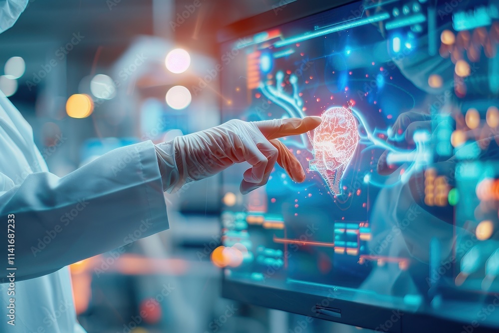 Poster a healthcare professional interacts with a digital interface displaying a glowing heart, illustratin