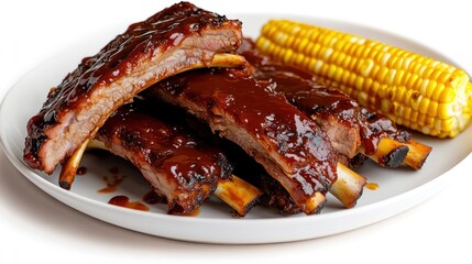 A plate of barbecue ribs with corn on the side.