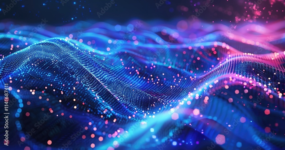 Aufkleber a vibrant digital wave pattern with glowing particles, representing data or technology themes.