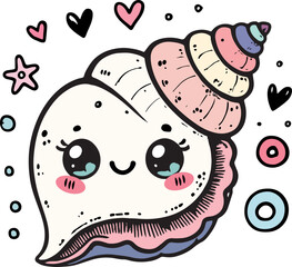 Sea Shell animal sea creature. Watercolor cartoon on a white background