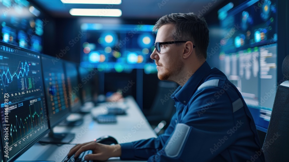 Poster a focused individual analyzes data on multiple screens in a high-tech control room, illuminated by d